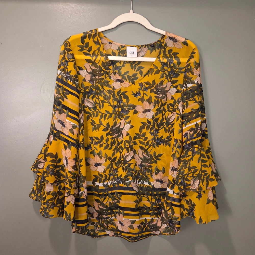 Cabi Spring Scene Bell Sleeve Blouse Floral Print, Women's Size S, Yellow Multi